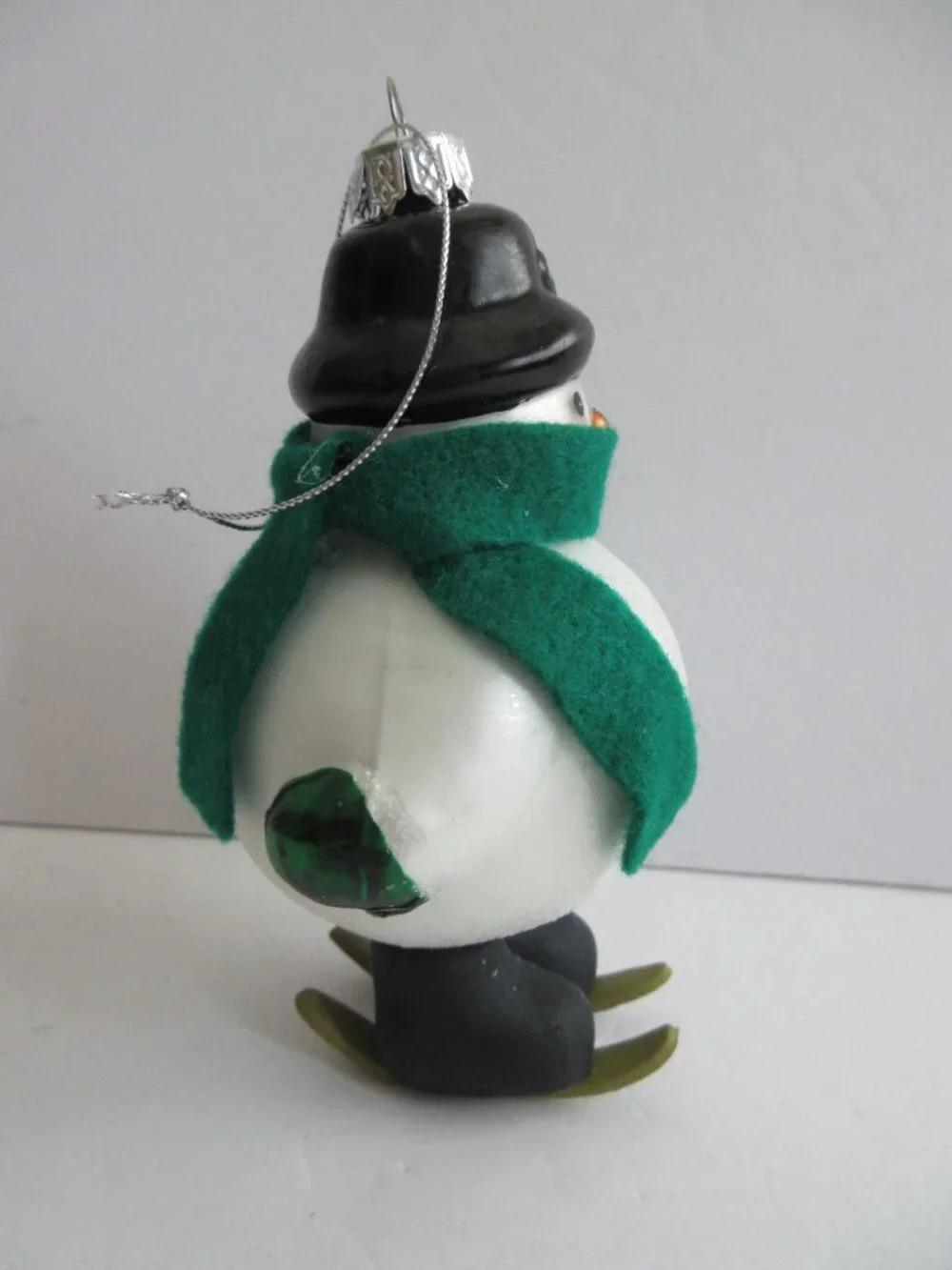 Snowman on Skis Glass Christmas Ornament Wearing Green Felt Scarf 5
